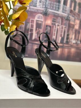 Celine Black Patent Leather Peep-Toe Ankle-Strap Heels
